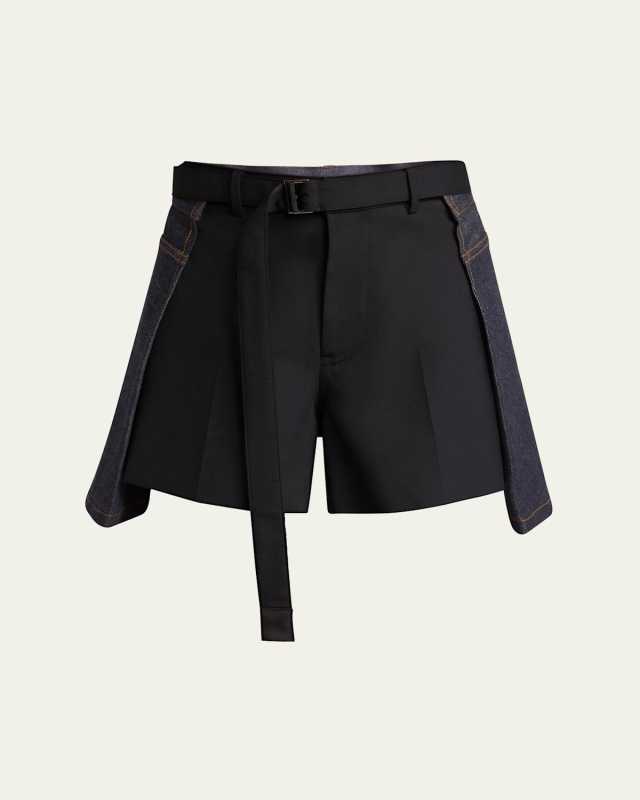 Belted Suiting Denim Mini Shorts
